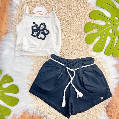 Conj. Cropped em Linho Flor em Lã e Short com Bolsos - Areia e Preto